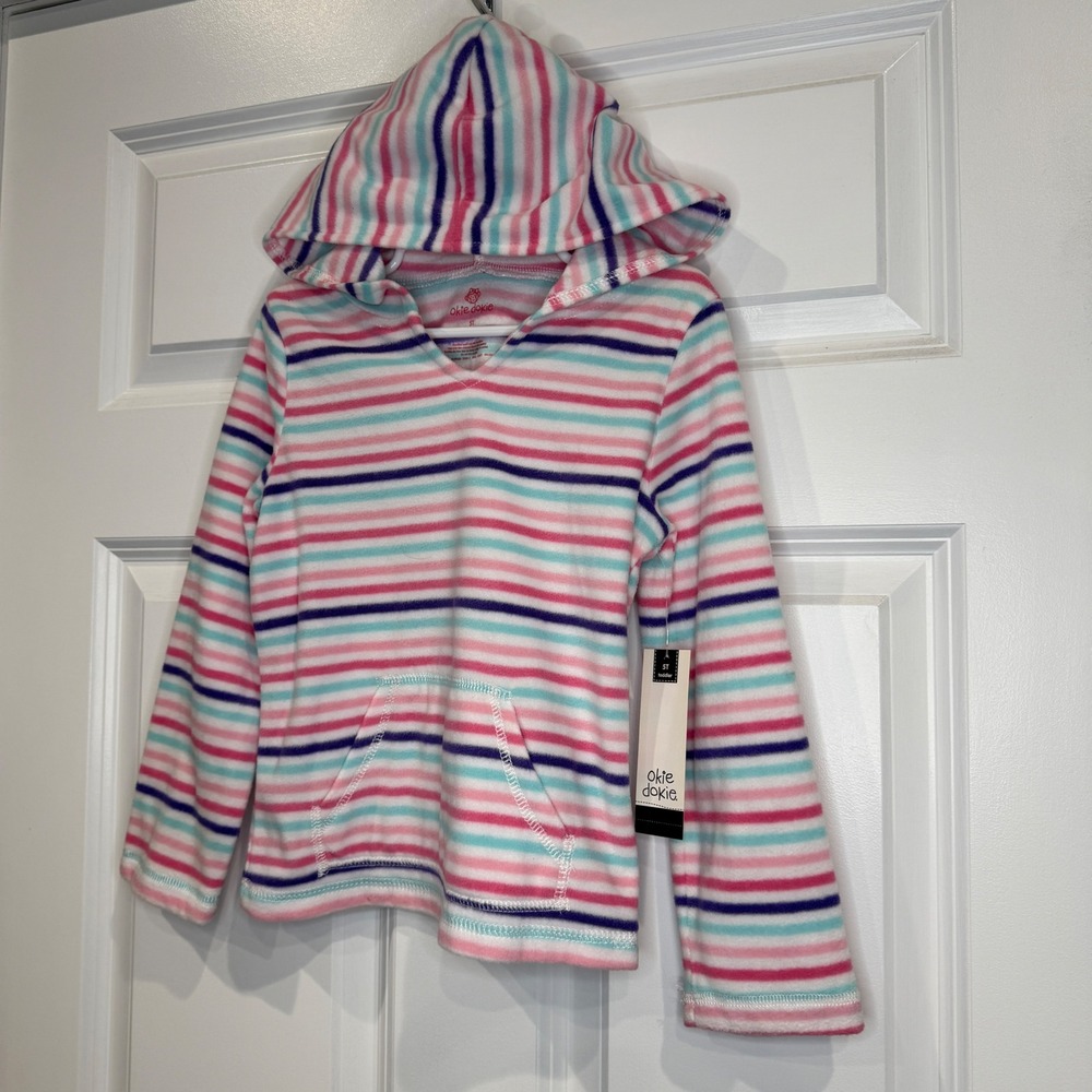 Okie Dokie Toddler Girls Pink Purple Striped Fleece Hoodie Pullover Size 5T NWT - Picture 2 of 5